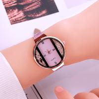Women Wrist Watch, PU Leather, with acrylic rhinestone & zinc alloy dial & Glass, Flat Round, gold color plated, adjustable & for woman Approx 8.5 Inch 