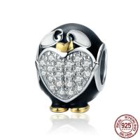 Enamel Sterling Silver European Beads, 925 Sterling Silver, Penguin, platinum plated, without troll & with cubic zirconia 