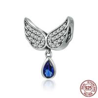 Thailand Sterling Silver European Pendant, with Crystal, Wing Shape, without troll & with cubic zirconia & faceted 