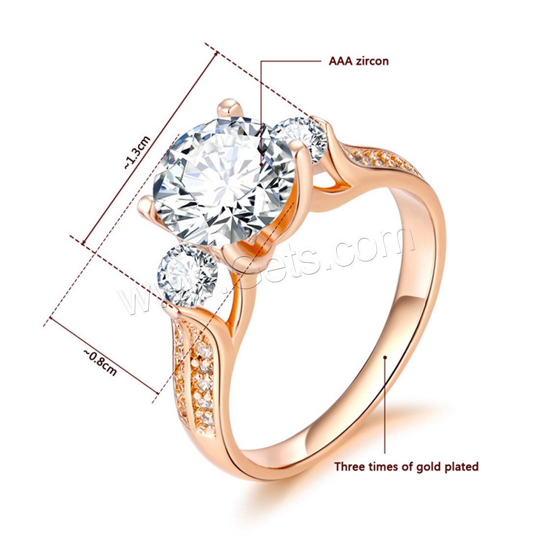 Cubic Zircon Brass Finger Ring, real rose gold plated, different size for choice & for woman & with cubic zirconia, 13x8mm, Sold By PC