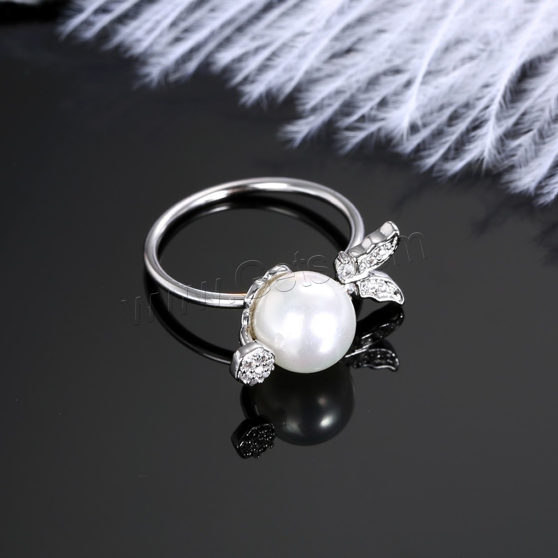 Brass Cuff Finger Ring, with Glass Pearl, platinum plated, different size for choice & micro pave cubic zirconia & for woman, 9mm, Sold By PC
