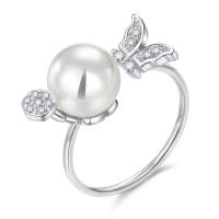 Brass Cuff Finger Ring, with Glass Pearl, platinum plated & micro pave cubic zirconia & for woman, 9mm 