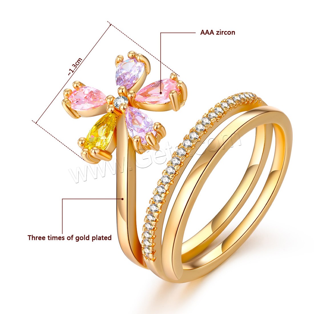 Кубическое цирконовое латунное кольцо, Латунь, Форма цветка, плакированный настоящим золотом, разный размер для выбора & Женский & с кубическим цирконием, 13mm, продается PC