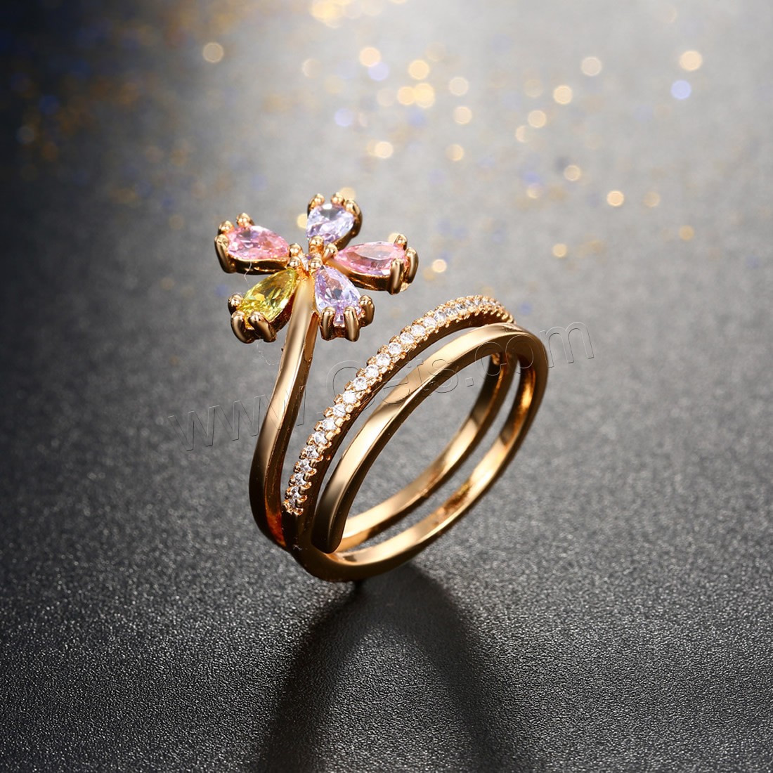 Zirkonia Messing Finger Ring, Blume, vergoldet, verschiedene Größen vorhanden & für Frau & mit kubischem Zirkonia, 13mm, verkauft von PC