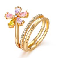 Кубическое цирконовое латунное кольцо, Латунь, Форма цветка, плакированный настоящим золотом, разный размер для выбора & Женский & с кубическим цирконием, 13mm, продается PC