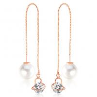 Brass Thread Through Earrings, with Glass Pearl, plated, for woman & with cubic zirconia 8mm, 12mm 