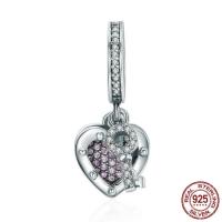 Thailand Sterling Silver European Pendant, heart and key, without troll & with cubic zirconia Approx 4.5-5mm 