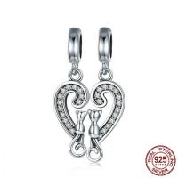 Thailand Sterling Silver European Pendant, Heart, for couple & without troll & with cubic zirconia Approx 4.5-5mm 