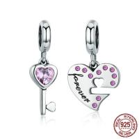 Thailand Sterling Silver European Pendant, heart and key, for couple & without troll & with cubic zirconia Approx 4.5-5mm 