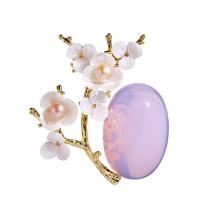 Brass Brooch, with White Shell & Freshwater Pearl & Rose Quartz, Flower, gold color plated, for woman 