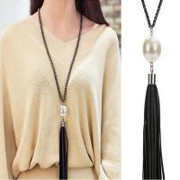 Zinc Alloy Sweater Necklace, with PU Leather & Glass Pearl, Tassel, plated, byzantine chain & for woman 150mm, 20mm Approx 24 Inch 