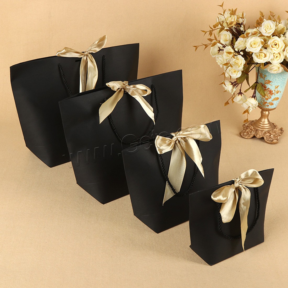 Paper Gift Bag, with Satin Ribbon & Nylon Cord, durable & different size for choice, black, Sold By PC