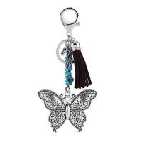 Zinc Alloy Key Clasp, with iron ring & Velveteen & Synthetic Turquoise, Butterfly, antique silver color plated, lead & cadmium free 