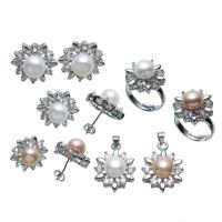 Brass Freshwater Pearl Jewelry Sets, pendant & finger ring & earring, with Freshwater Pearl, platinum plated, adjustable & micro pave cubic zirconia nickel, lead & cadmium free   US Ring .5 