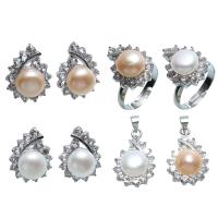 Brass Freshwater Pearl Jewelry Sets, pendant & finger ring & earring, with Freshwater Pearl, platinum plated, micro pave cubic zirconia nickel, lead & cadmium free 10 10 10 Approx 116-19mm, Inner Approx 0.8mm 