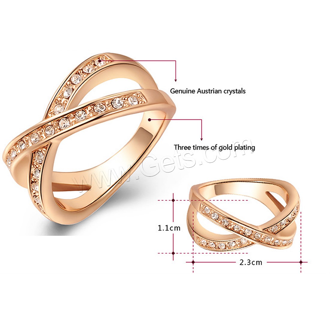 Rhinestone Zinc Alloy Finger Ring, rose gold color plated, different size for choice & for woman & with rhinestone & hollow, 23x11mm, Sold By PC