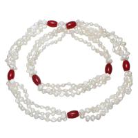 perle d'eau douce cultivée collier de chandail, avec agate rouge & laiton, Baroque, naturel, pour femme, blanc Environ 17 pouce, Vendu par brin