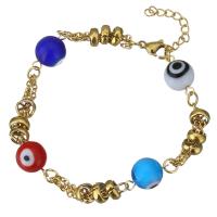 Stainless Steel Bracelet, with Resin, with 1Inch extender chain, gold color plated, evil eye pattern & oval chain & for woman Approx 7.5 Inch 