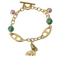Stainless Steel Bracelet, with Glass Pearl & Resin, Butterfly, gold color plated, charm bracelet & oval chain & for woman  Approx 8.5 Inch 