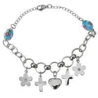 Stainless Steel Bracelet, with Lampwork, charm bracelet & round link chain & twist oval chain & oval chain & for woman & with rhinestone, original color  Approx 8.5 Inch 