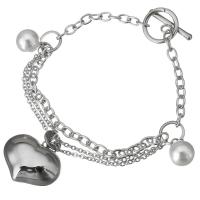Stainless Steel Charm Bracelet, with Glass Pearl, Heart, oval chain & for woman, original color  Approx 8.5 Inch 