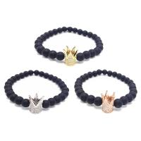 Black Agate Bracelets, with Brass, Crown, plated, natural & Unisex & micro pave cubic zirconia & frosted 6mm, 8mm Approx 7.5 Inch 