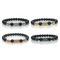 Black Agate Bracelets, with Brass, plated, natural & Unisex & micro pave cubic zirconia 8mm Approx 7.5 Inch 