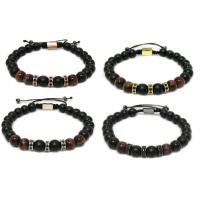 Black Agate Bracelets, Brass, with Tiger Eye & Black Agate, plated, natural & Unisex & adjustable & micro pave cubic zirconia & frosted 8mm Inch 