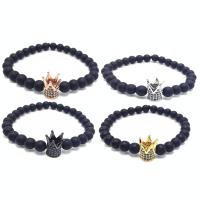Black Stone Bracelet, with Brass, Crown, plated, natural & Unisex & micro pave cubic zirconia & frosted 8mm, 6mm Approx 7.5 Inch 