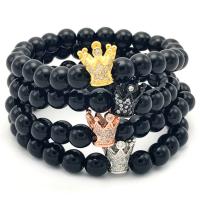 Black Agate Bracelets, with Brass, Crown, plated, natural & Unisex & micro pave cubic zirconia 8mm Approx 7.5 Inch 