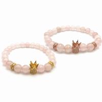 Rose Quartz Bracelet, with Brass, Crown, plated, micro pave cubic zirconia & for woman 8mm Approx 7.5 Inch 