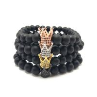 Black Agate Bracelets, with Brass, Crown, plated, natural & Unisex & micro pave cubic zirconia & frosted 8mm Approx 7.5 Inch 
