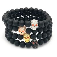 Black Agate Bracelets, with Brass, Skull, plated, natural & Unisex & micro pave cubic zirconia & frosted 8mm Approx 7.5 Inch 