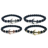 Black Agate Bracelets, with Brass, Anchor, plated, natural & Unisex & micro pave cubic zirconia & frosted 8mm Approx 7.5 Inch 