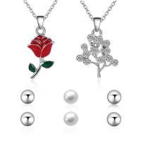 Zinc Alloy Jewelry Set, Stud Earring & necklace, with ABS Plastic Pearl & iron chain, stainless steel post pin, with 5cm extender chain, platinum color plated, oval chain & for woman & enamel & with rhinestone, lead & cadmium free Approx 17.5 Inch 