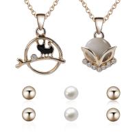 Zinc Alloy Jewelry Set, Stud Earring & necklace, with ABS Plastic Pearl & iron chain & Cats Eye, stainless steel post pin, with 5cm extender chain, gold color plated, oval chain & for woman & enamel & with rhinestone, lead & cadmium free Approx 17.5 Inch 