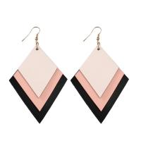 PU Leather Drop Earring, iron earring hook, Rhombus, gold color plated, for woman 