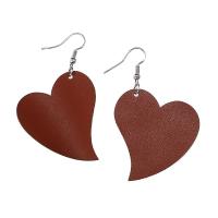 PU Leather Drop Earring, iron earring hook, Flat Heart, silver color plated, for woman 