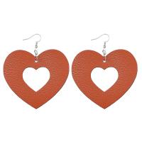 PU Leather Drop Earring, iron earring hook, Flat Heart, silver color plated, for woman 