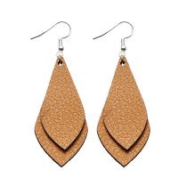 PU Leather Drop Earring, iron earring hook, Leaf, silver color plated, for woman 