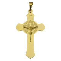 Colgantes de Cruces de acero inoxidable, Cruz del crucifijo, chapado en color dorado, con el patrón de la letra, 32x55x5mm, agujero:aproximado 5x8mm, Vendido por UD