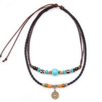 Cowhide Woven Ball Necklace, with Waxed Nylon Cord & Synthetic Turquoise & Zinc Alloy, with 6.7Inch extender chain, plated, Unisex & adjustable &  Approx 17.5 Inch 