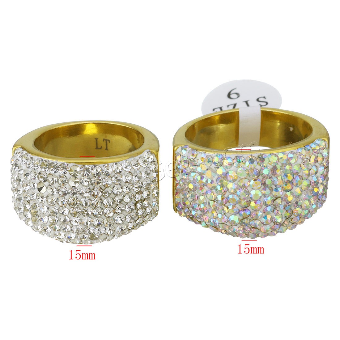 Stainless Steel Finger Ring, with Rhinestone Clay Pave, plated, different size for choice & for woman, more colors for choice, 15mm, Sold By PC