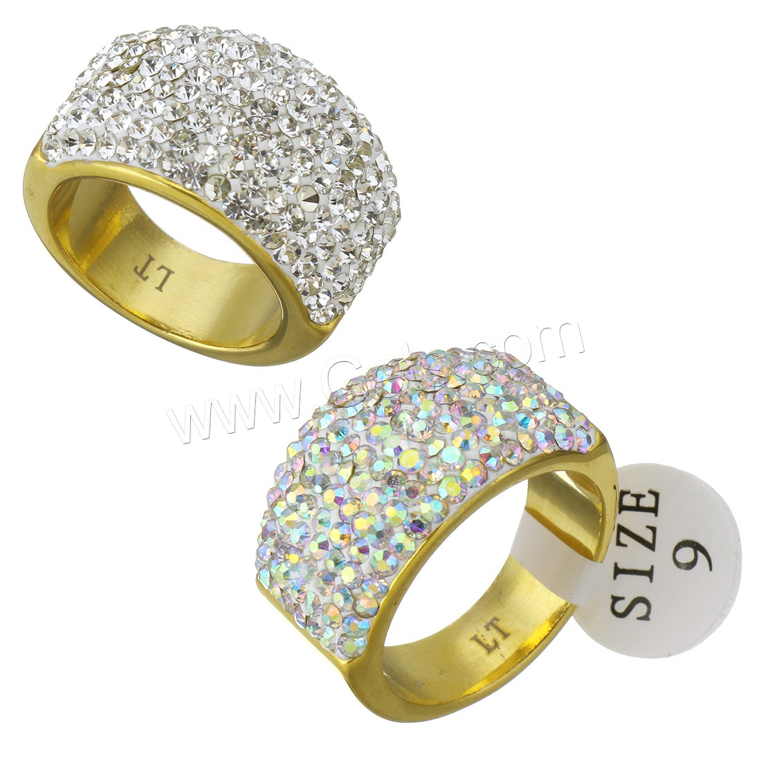 Stainless Steel Finger Ring, with Rhinestone Clay Pave, plated, different size for choice & for woman, more colors for choice, 15mm, Sold By PC