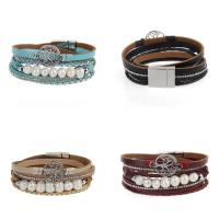 Cowhide Bracelet, with Glass Pearl & Zinc Alloy, silver color plated & for woman & with rhinestone & , 16mm Approx 15.5 Inch 