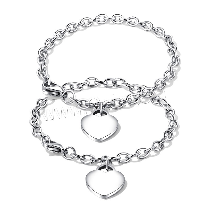 Stainless Steel Chain Bracelets, Flat Heart, Unisex & different size for choice & oval chain, original color, 20mm,17mm, Length:Approx 8.1 Inch, Approx 7.1 Inch, Sold By Strand