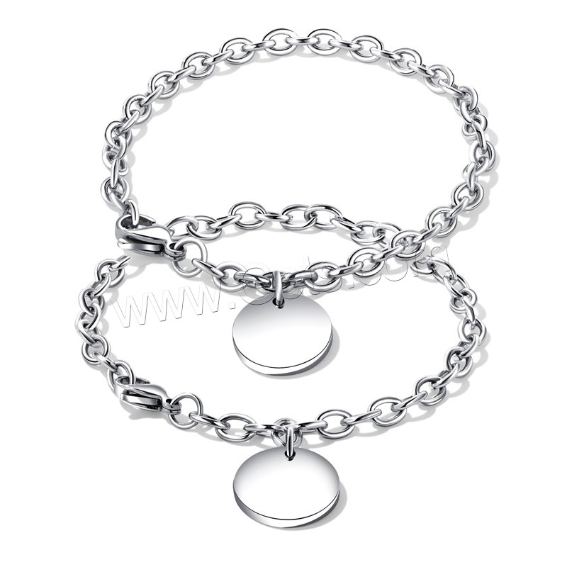 Stainless Steel Charm Bracelet, Flat Round, Unisex & different size for choice & oval chain, original color, 14mm,16.5mm, Length:Approx 7.1 Inch, Approx 8.1 Inch, Sold By Strand