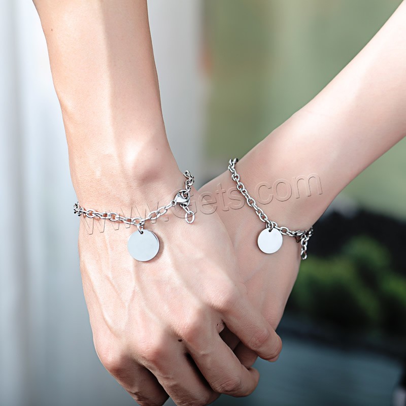 Stainless Steel Charm Bracelet, Flat Round, Unisex & different size for choice & oval chain, original color, 14mm,16.5mm, Length:Approx 7.1 Inch, Approx 8.1 Inch, Sold By Strand