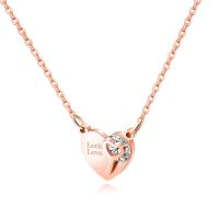 Cubic Zirconia Stainless Steel Necklace, with 50mm extender chain, Flat Heart, rose gold color plated, oval chain & with letter pattern & for woman & with cubic zirconia, 11mm Approx 16.5 Inch 