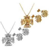 Stainless Steel Jewelry Set, earring & necklace, with Crystal, Flower, plated, oval chain & for woman & faceted 2mm Approx 18 Inch 